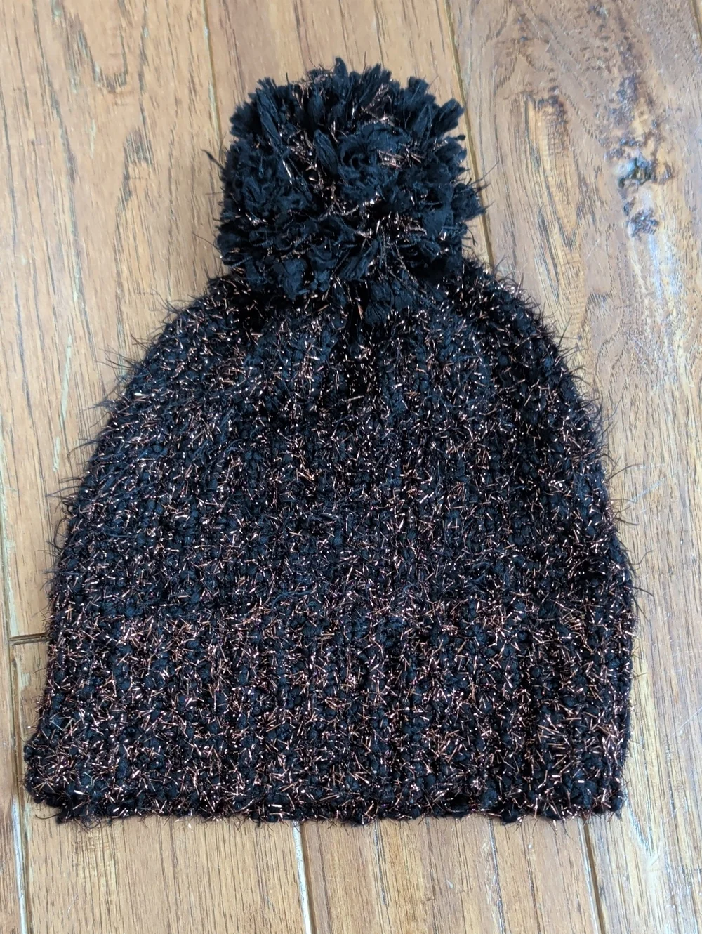 Anthropologie Black Metallic Gold Shimmer Pom Beanie - Women's Winter Hat